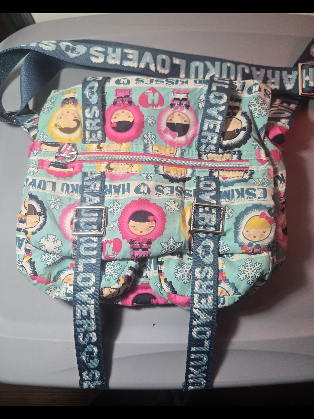 Harajuku Lovers Cute Aqua Winter Print Crossbody Bag with Pink Accents